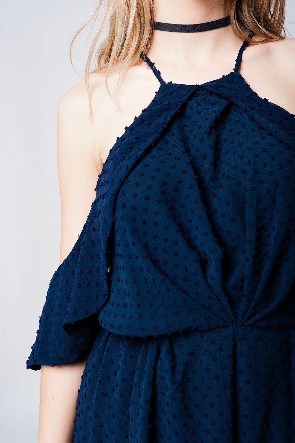 Navy Plumeti Cold-Shoulder Lightweight Jumpsuit-3