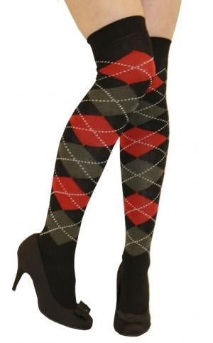 Black and Red Argyle OTK Socks-0