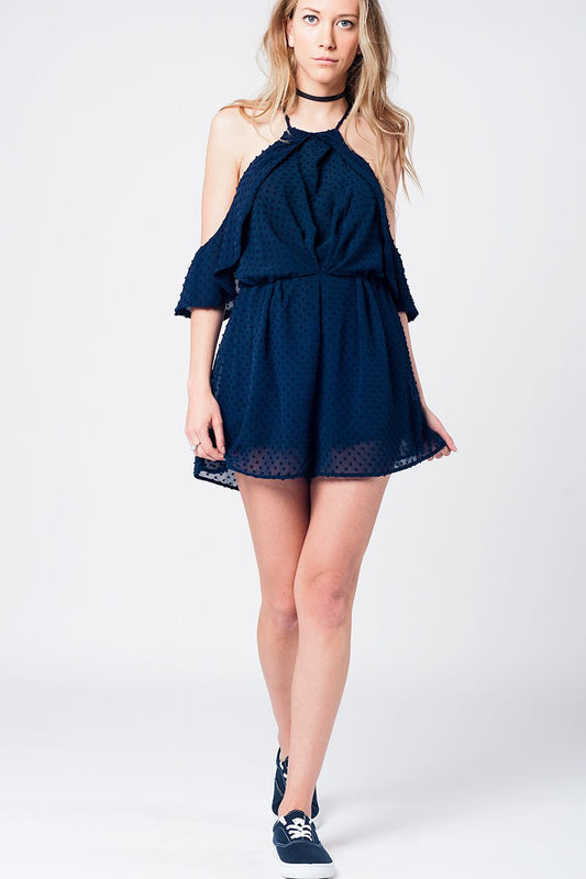 Navy Plumeti Cold-Shoulder Lightweight Jumpsuit-0
